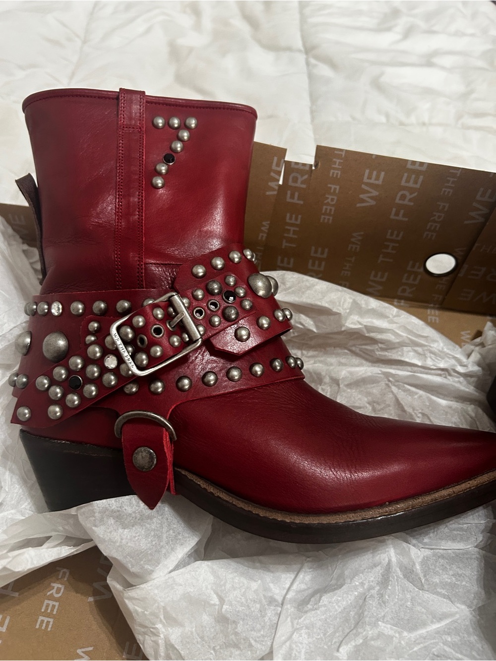 Free People Red Studded Leather Ankle Booties Brand New In Box